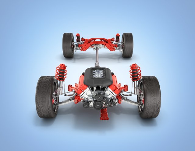 Suspension of the car with wheel and engine Undercarriage in detail isolated on blue gradient background 3d
